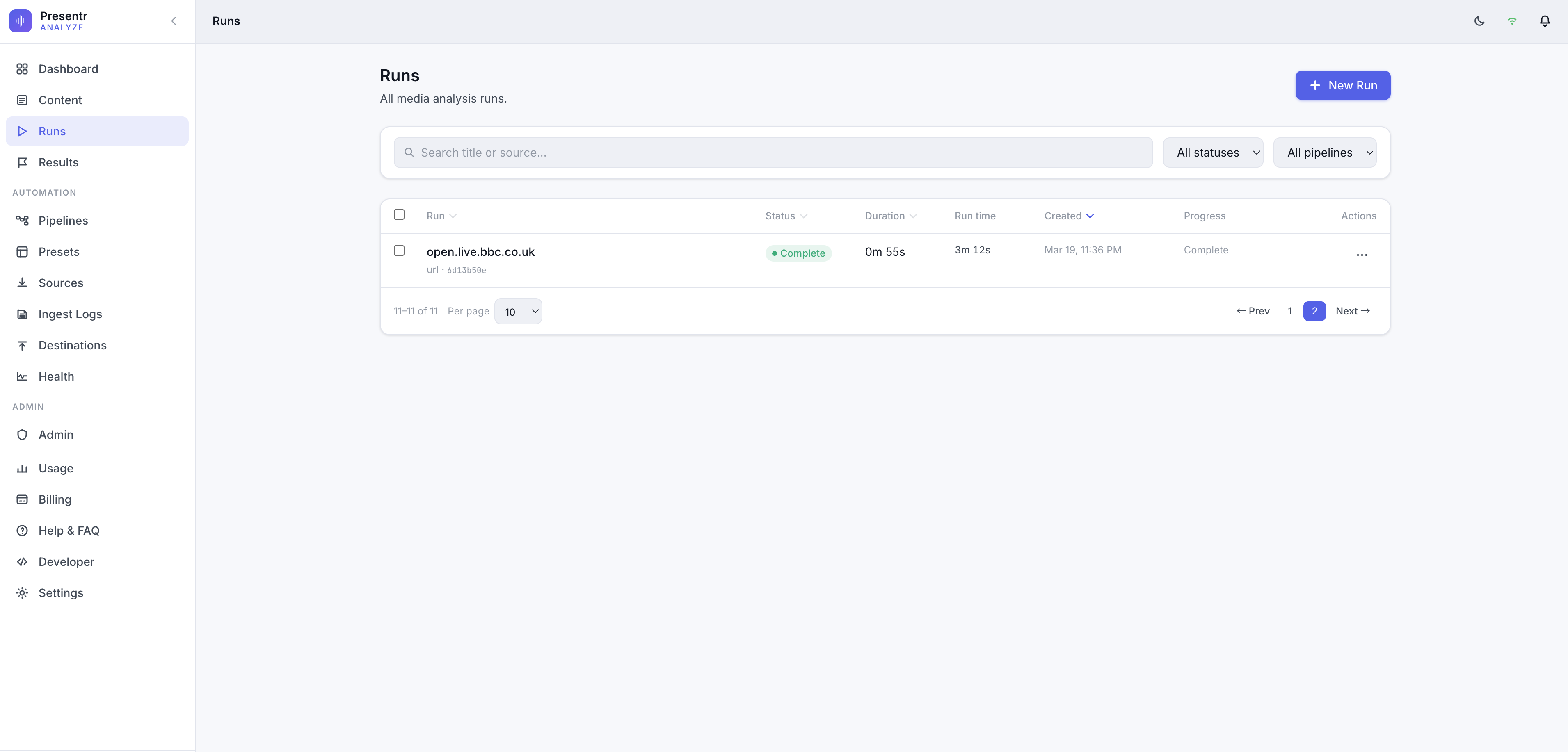 Presentr Analyze — runs dashboard showing media analysis pipeline
