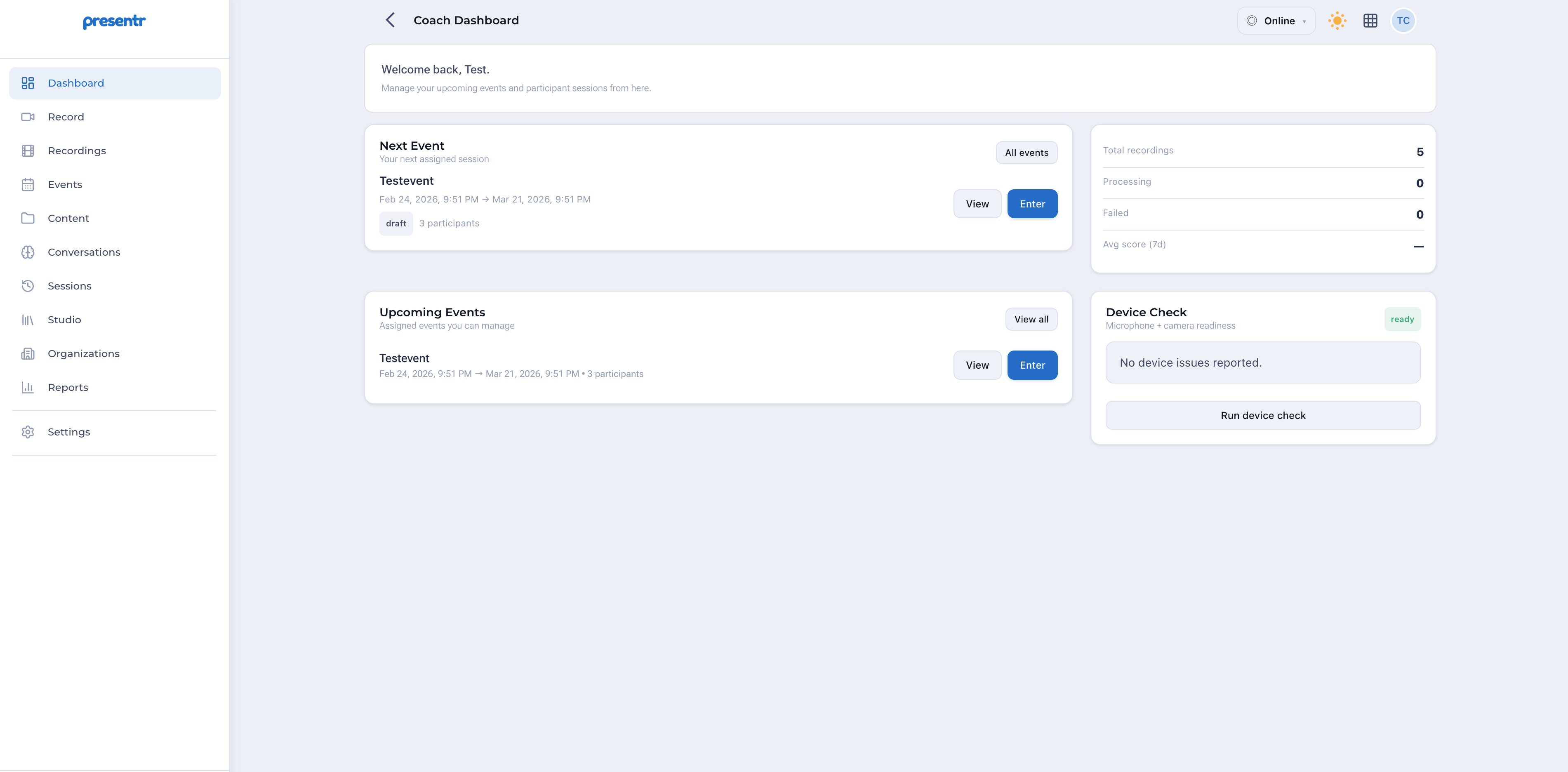 Presentr Live — coach dashboard showing upcoming events and session status