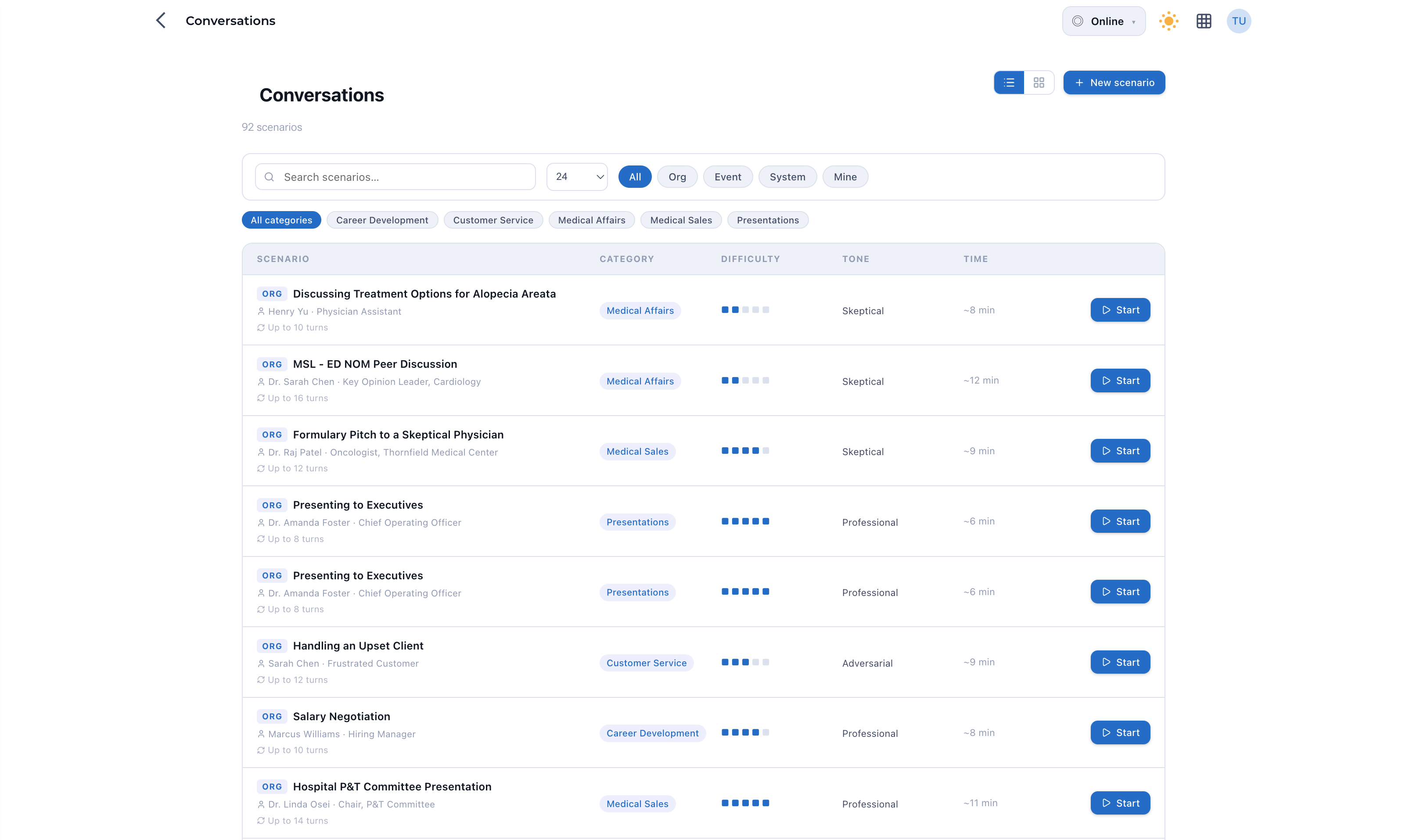 Presentr Live — scenario library showing coaching conversations by category