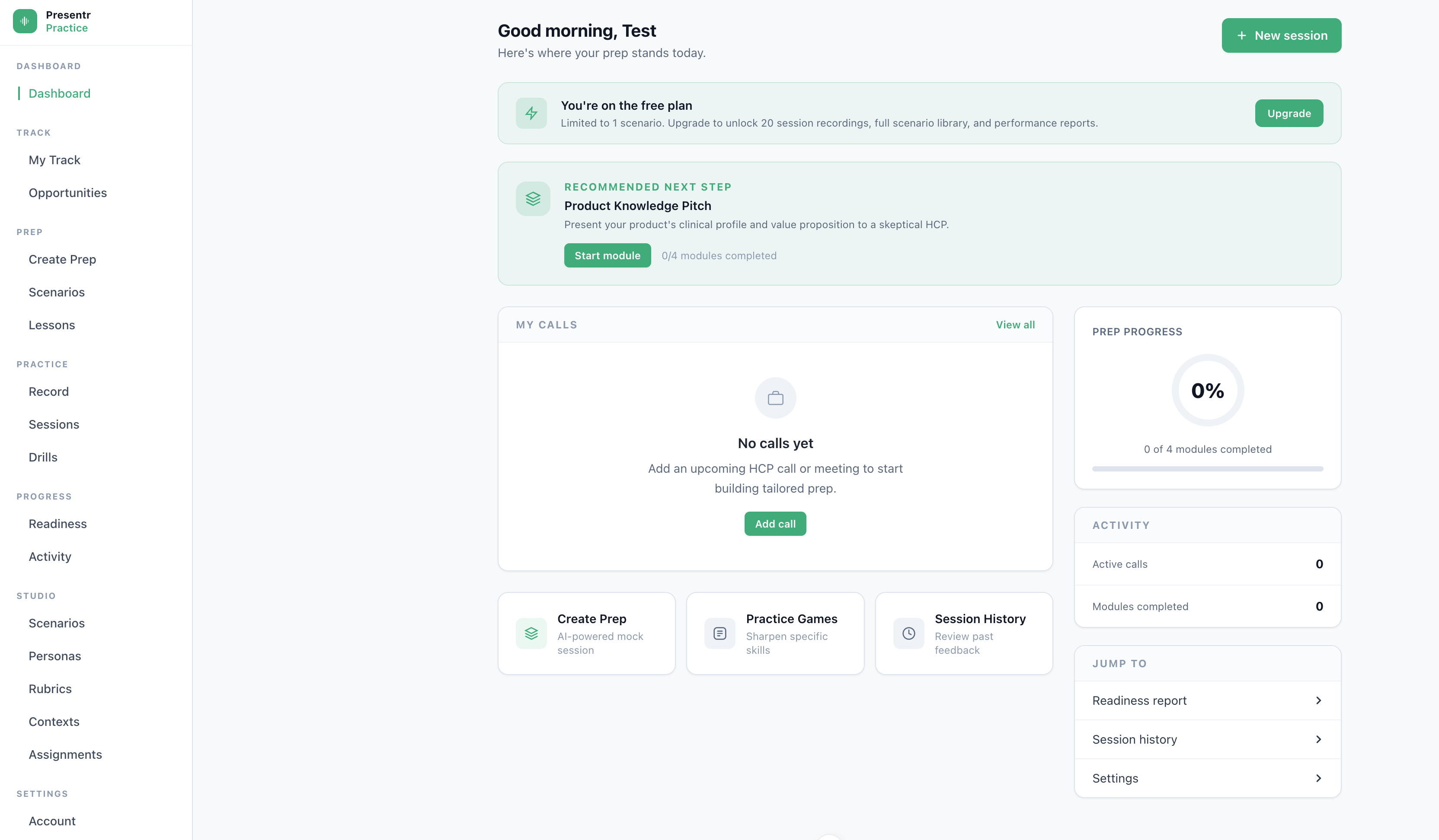 Presentr Practice — dashboard showing scenarios, progress, and coaching feedback